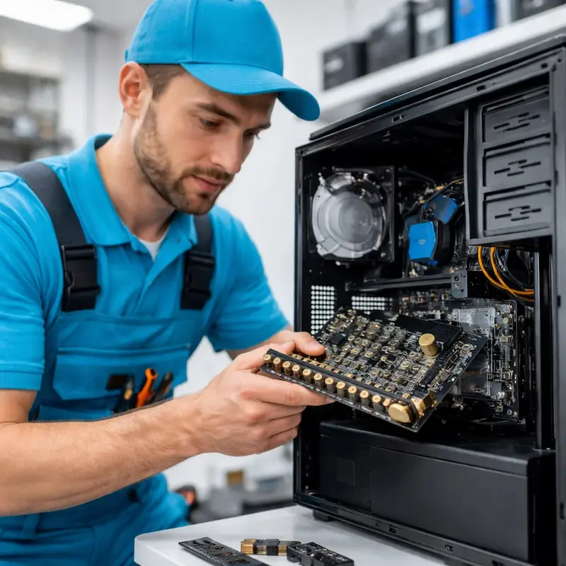 Мастер устанавливает звуковую карту на ПК в Стрельне